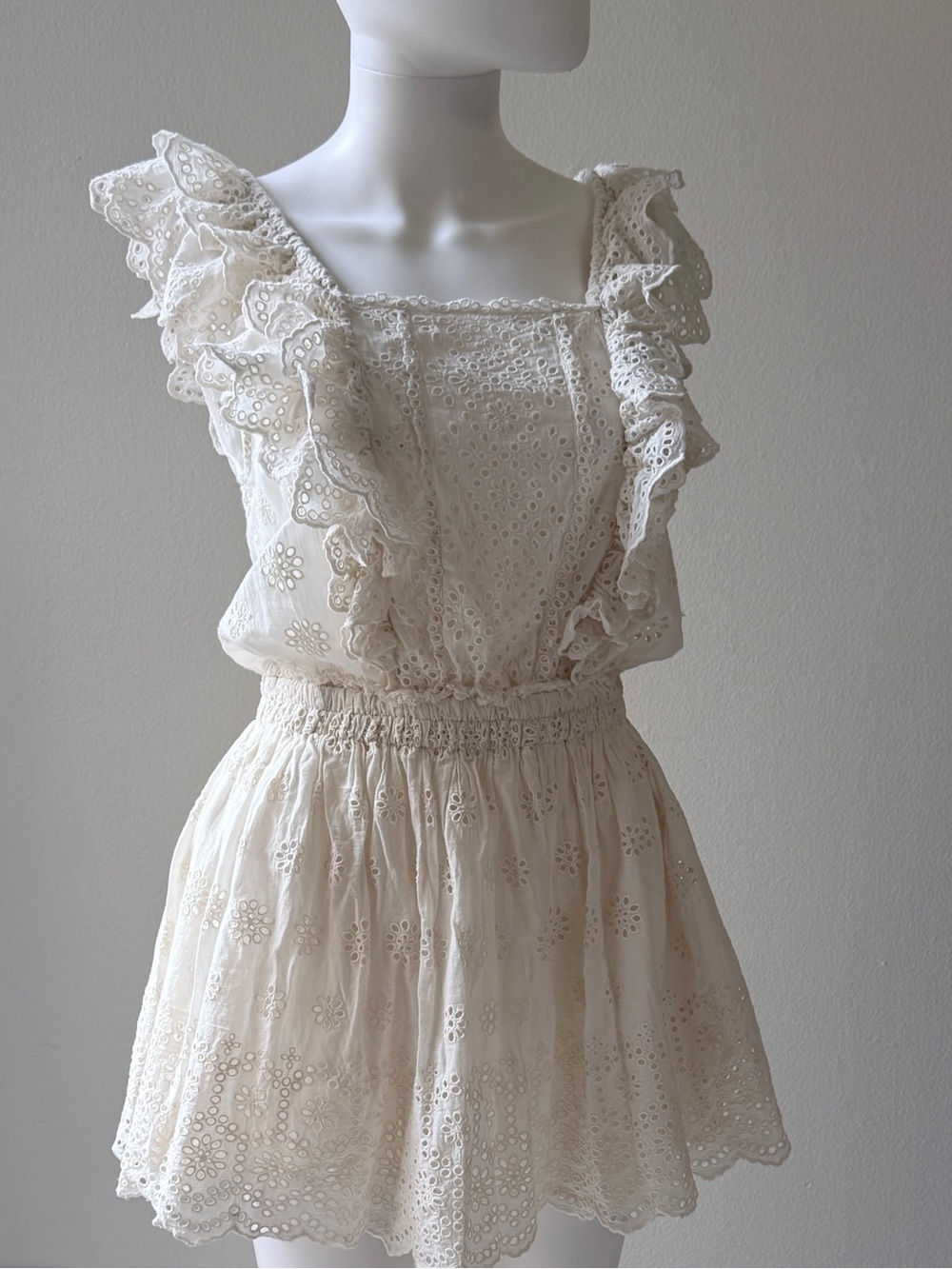 LoveShackFancy White Eyelet Ruffle Mini Dress